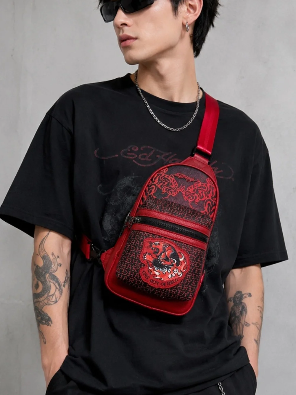 Ed Hardy Tiger Sling Backpack Crossbody Red Black Skull Zip Adjustable NWT